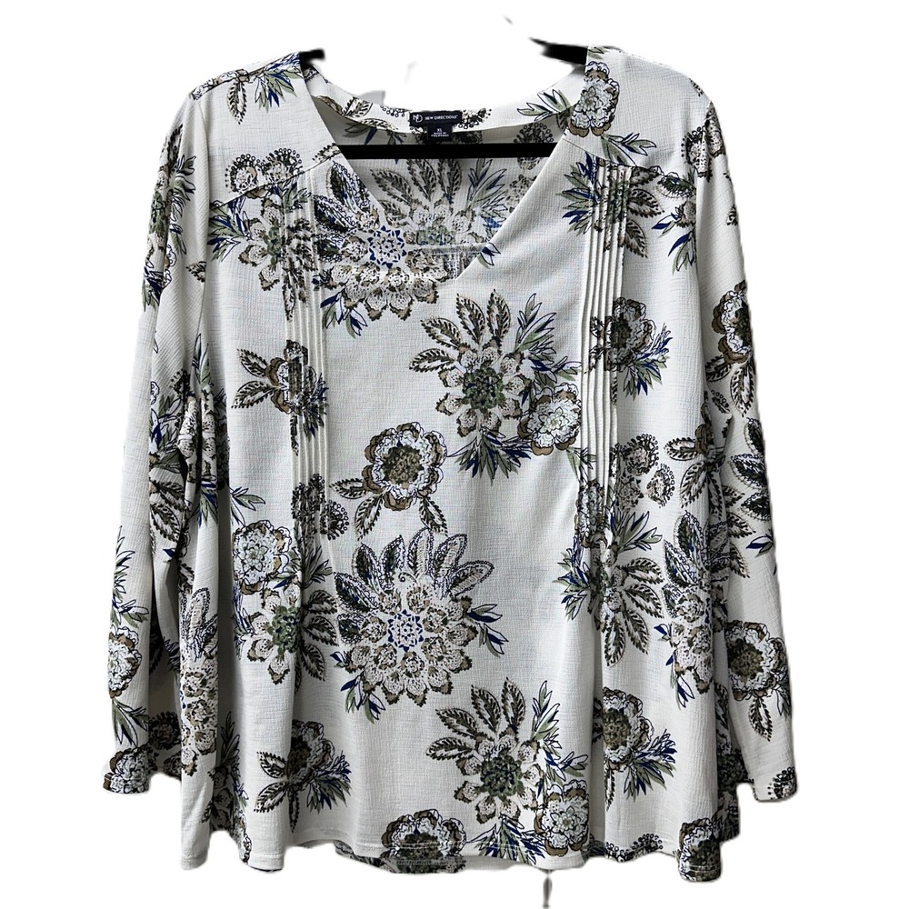 New Directions XL Floral V-Neck Pintuck Blouse Boho Cottagecore Stretch Top - Picture 2 of 10